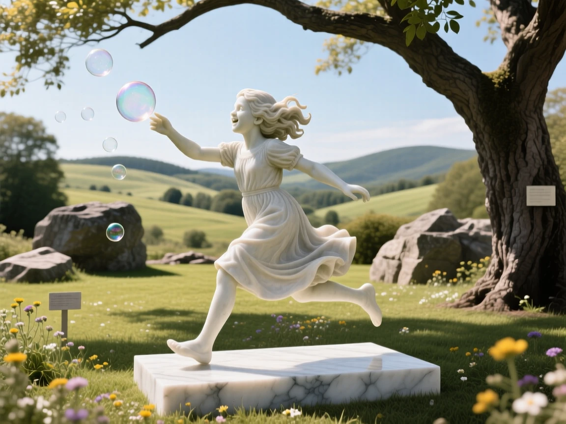 An evocative depiction of a young girl chasing bubbles in a sunlit yard, framed by dramatic natural scenery, balancing detail with emotional depth