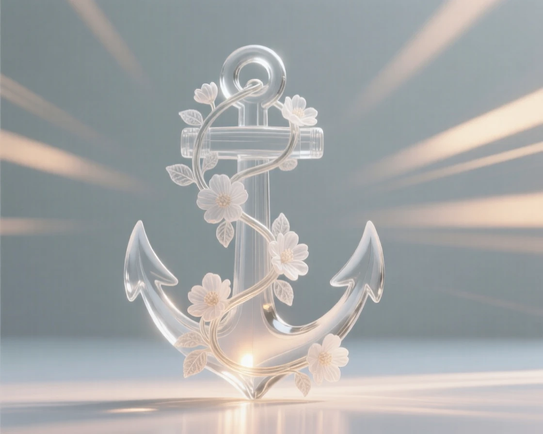 An anchor entwined with a blooming vine of flowers with soft rays of light stretching outward in every direction, while light seems to pulse gently outward from the center