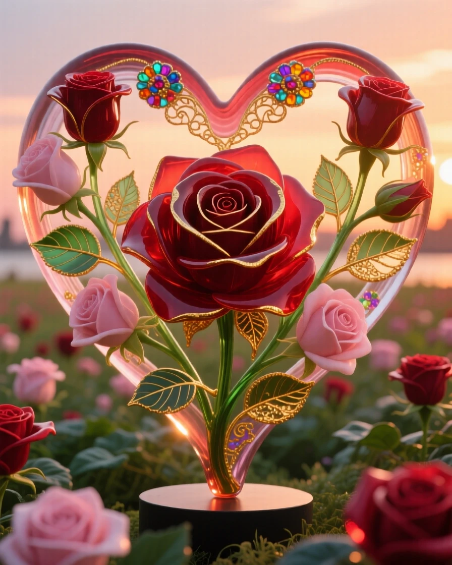A field of blooming roses arranged to form the clearest blooming heart from above at sunset, romantic and iconic.