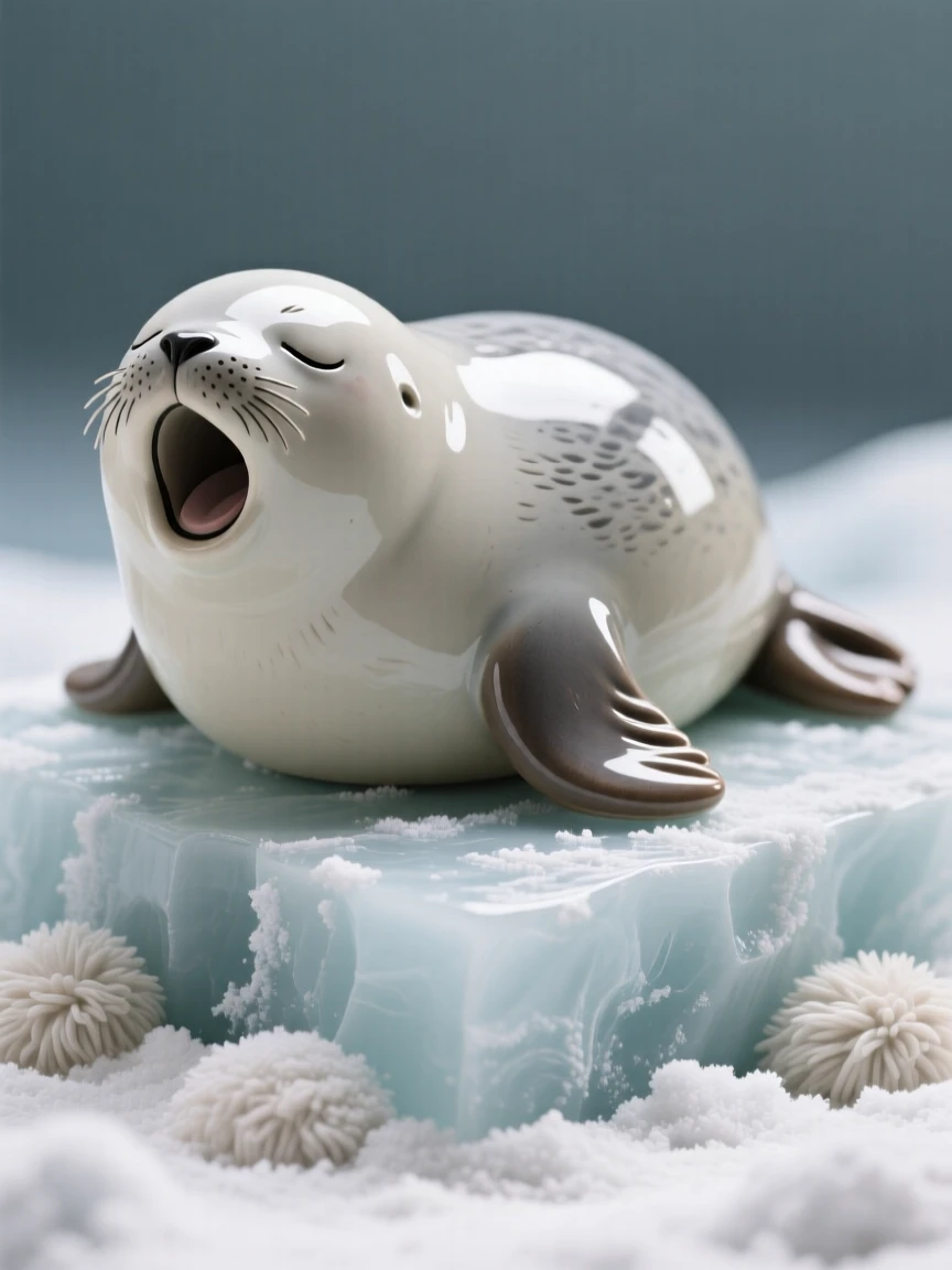 A plump baby seal resting on the ice captured mid-yawn in a sleepy, sweet moment, surrounded by soft, cozy textures, stirring an overwhelming urge to smile.