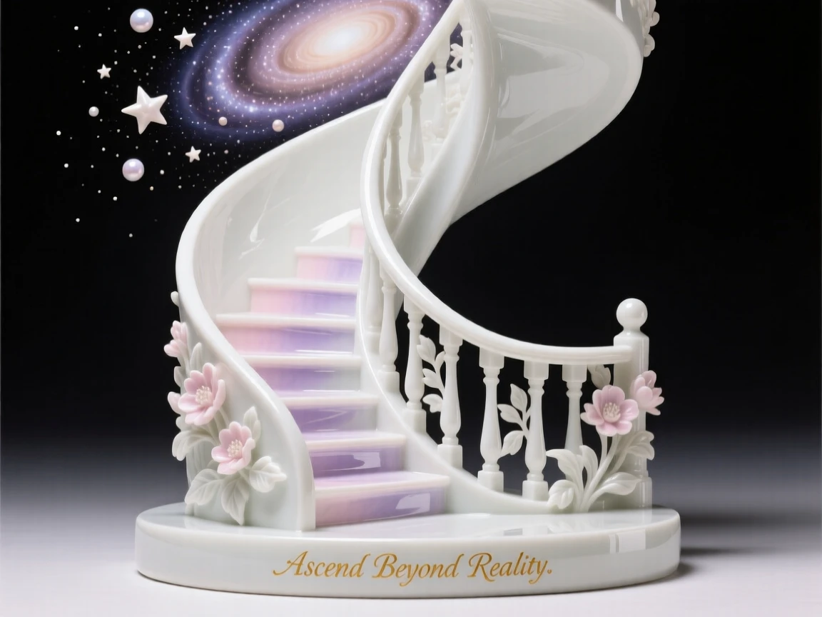 A dreamlike scene of a staircase spiraling up into a galaxy, drawing the eye into a world just beyond reality.