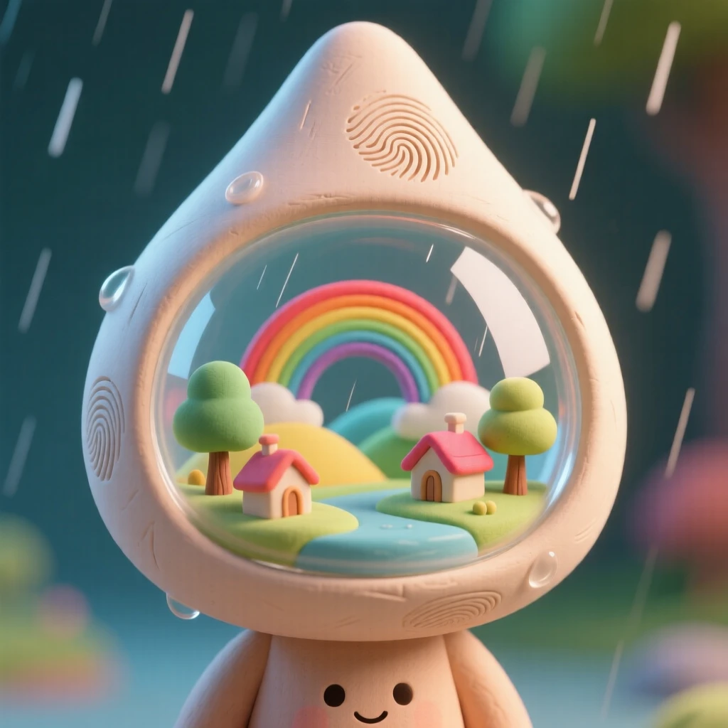 A single raindrop reflecting an entire miniature rainbow world