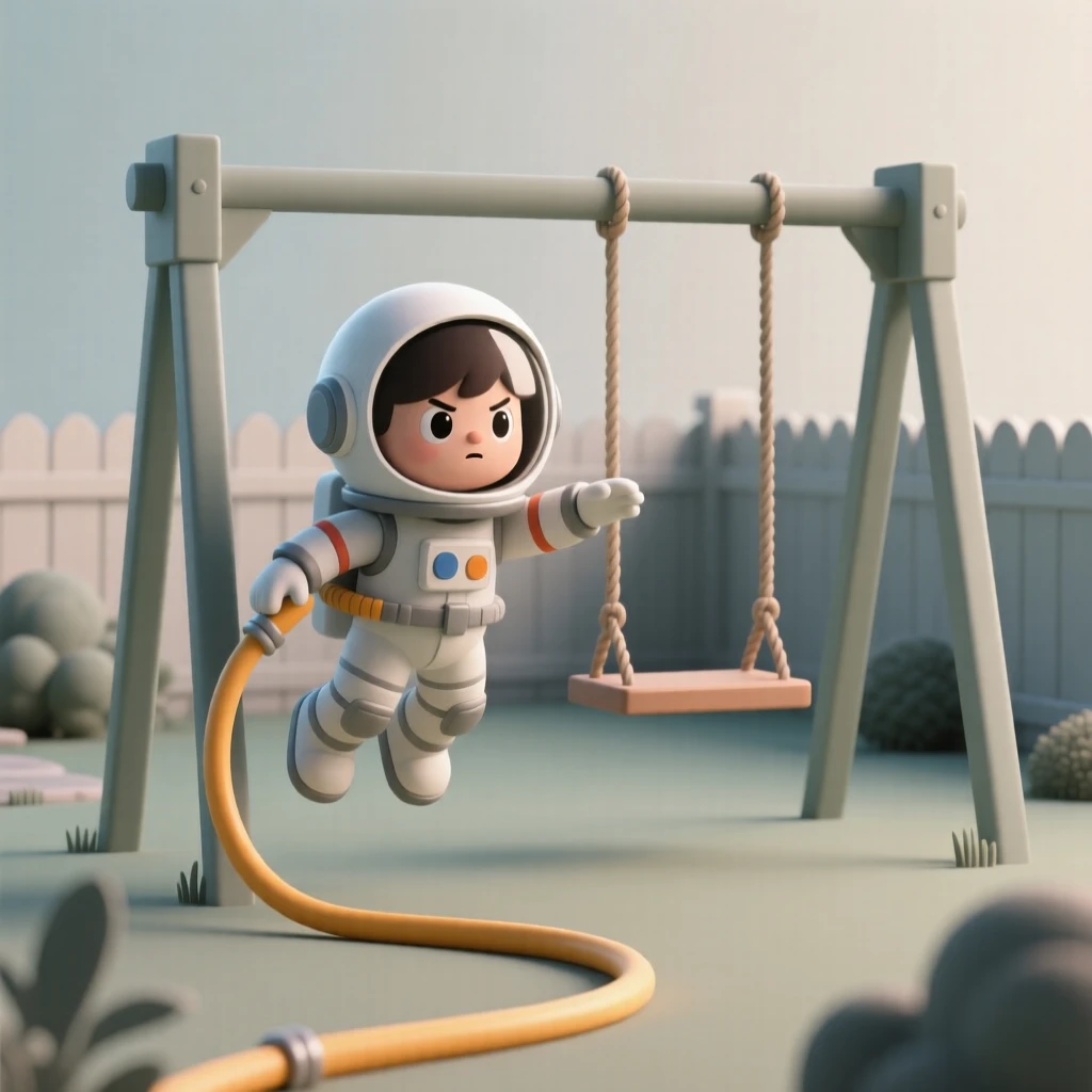 A determined young astronaut practices a spacewalk in the backyard, tethered to a swing set with a garden hose.