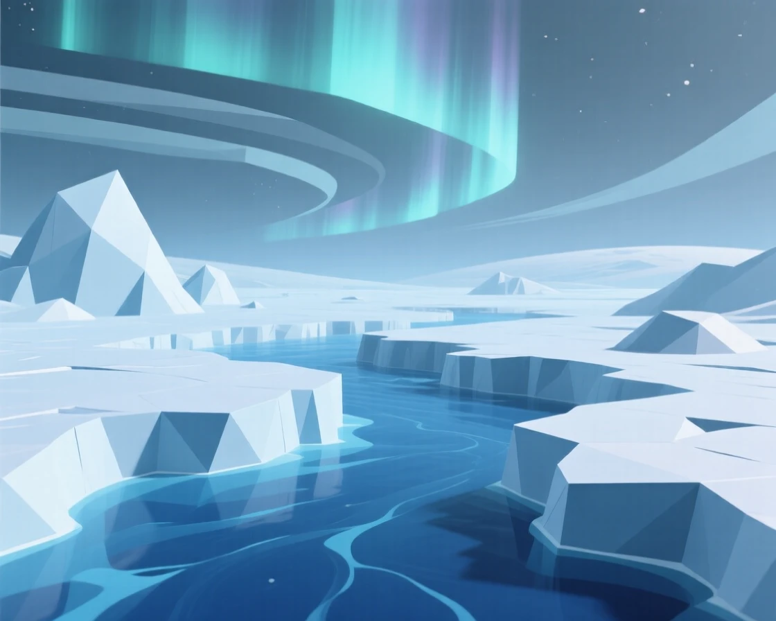 A vast ice planet with auroras dancing overhead, beneath deep blue underwater currents. rich color gradients enhance the dreamlike atmosphere. A gentle, surreal beauty fills the composition.