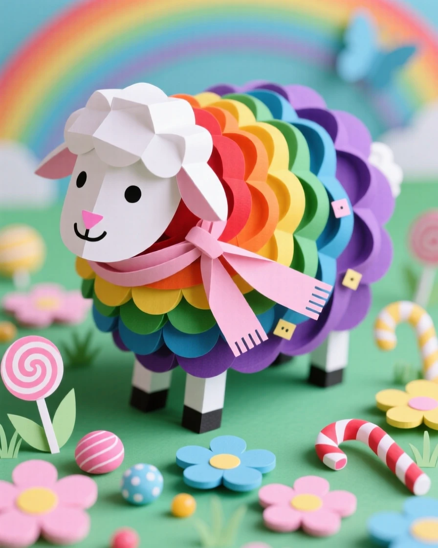 A rainbow-wool sheep creature exploring a miniature candy-colored meadow, with a tiny scarf fluttering in the breeze, conveying playful, heartwarming delight.