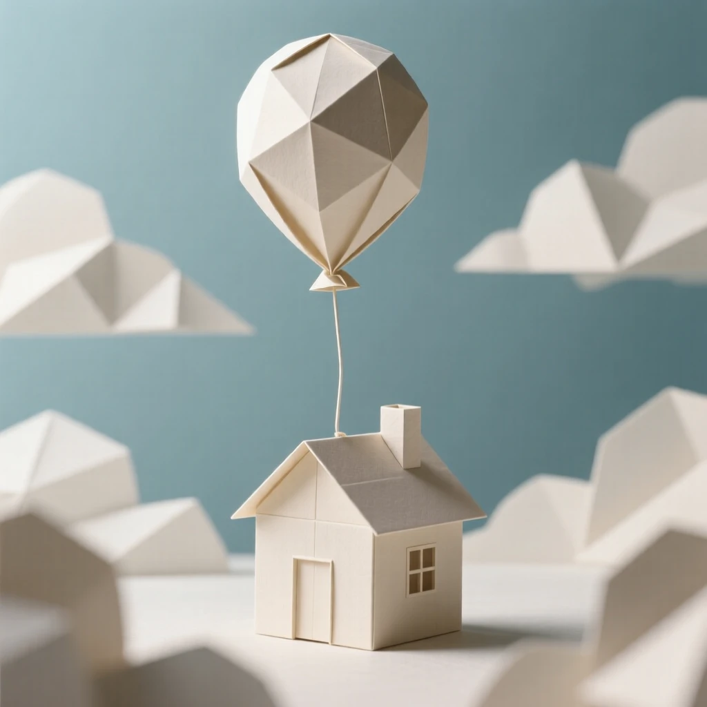 A single balloon lifting an entire tiny house gently into a cloud-covered sky.