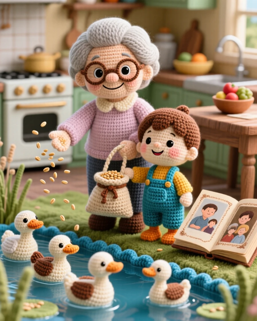 a grandmother and grandchild feeding ducks at a pond, with a small bag of birdseed, is captured tossing a handful to the eager ducks in a bustling family kitchen on a weekend morning beside a worn but beloved family photo album, showing deep, unconditional love and togetherness.