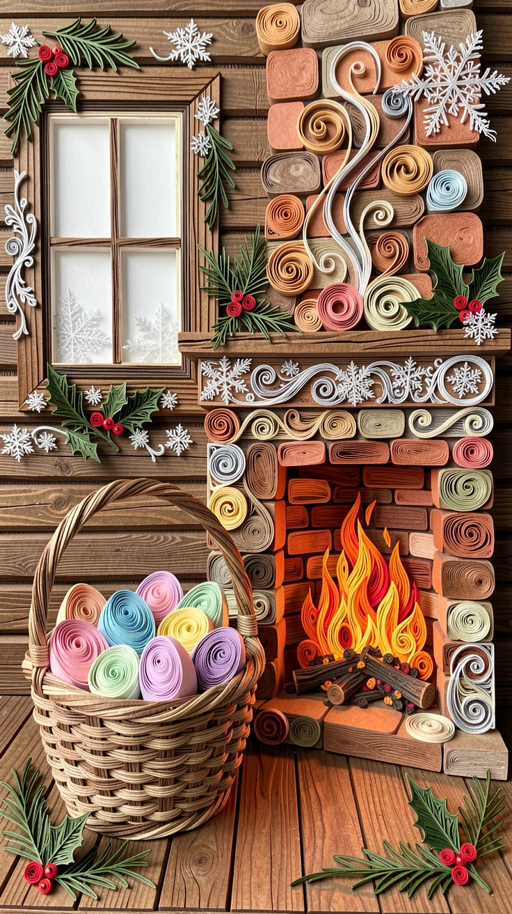 A festive holiday scene of a basket overflowing with pastel Easter eggs beside a crackling fireplace in a rustic cabin, with delicate frost patterns on nearby surfaces, arranged symmetrically for a balanced festive feel.