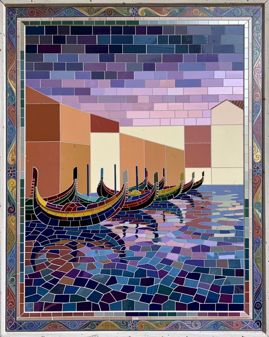 The canals of Venice lined with colorful gondolas at dusk.