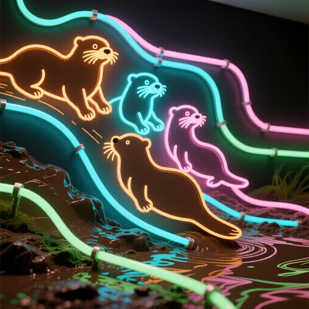 A family of otters sliding down a muddy riverbank.