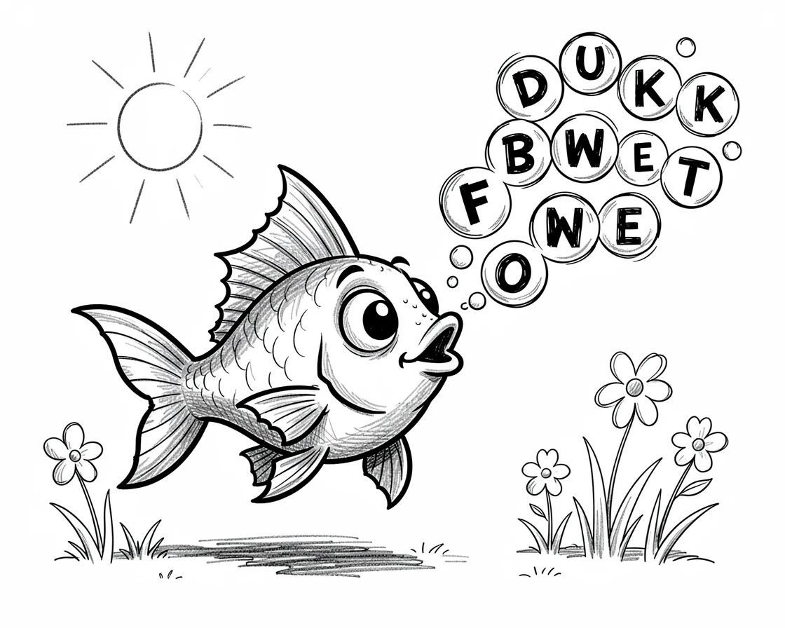A fish blowing bubbles that spell out a message in a sunny backyard.