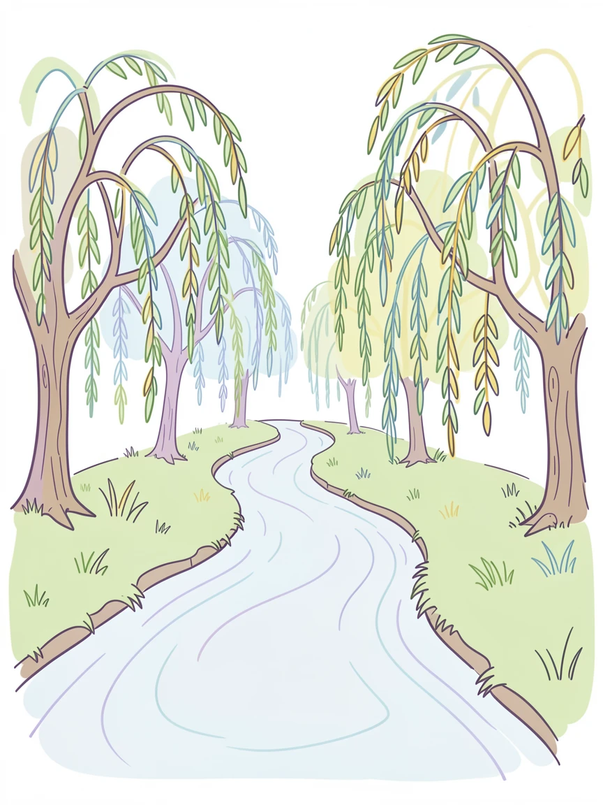 A quiet countryside creek lined with weeping willows in early spring.