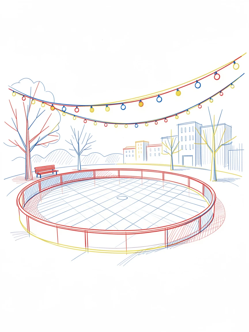 A city park ice rink glowing under string lights in winter