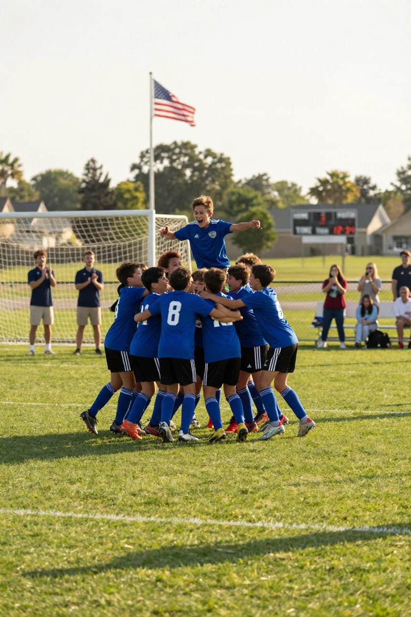 A youth soccer team celebrates a goal by piling on top of each other on the field.