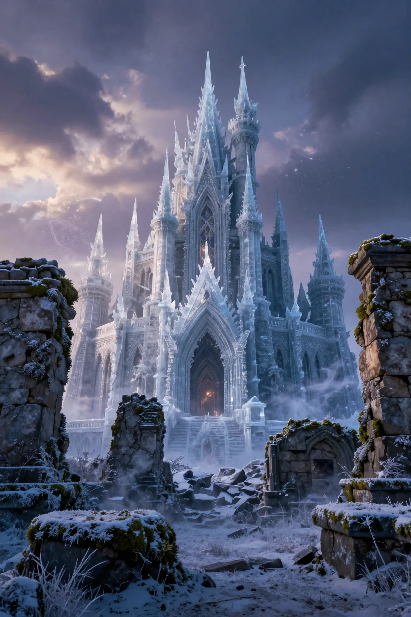 A castle carved from ice and frost appearing within the ruins of a forgotten kingdom as magic fills the air
