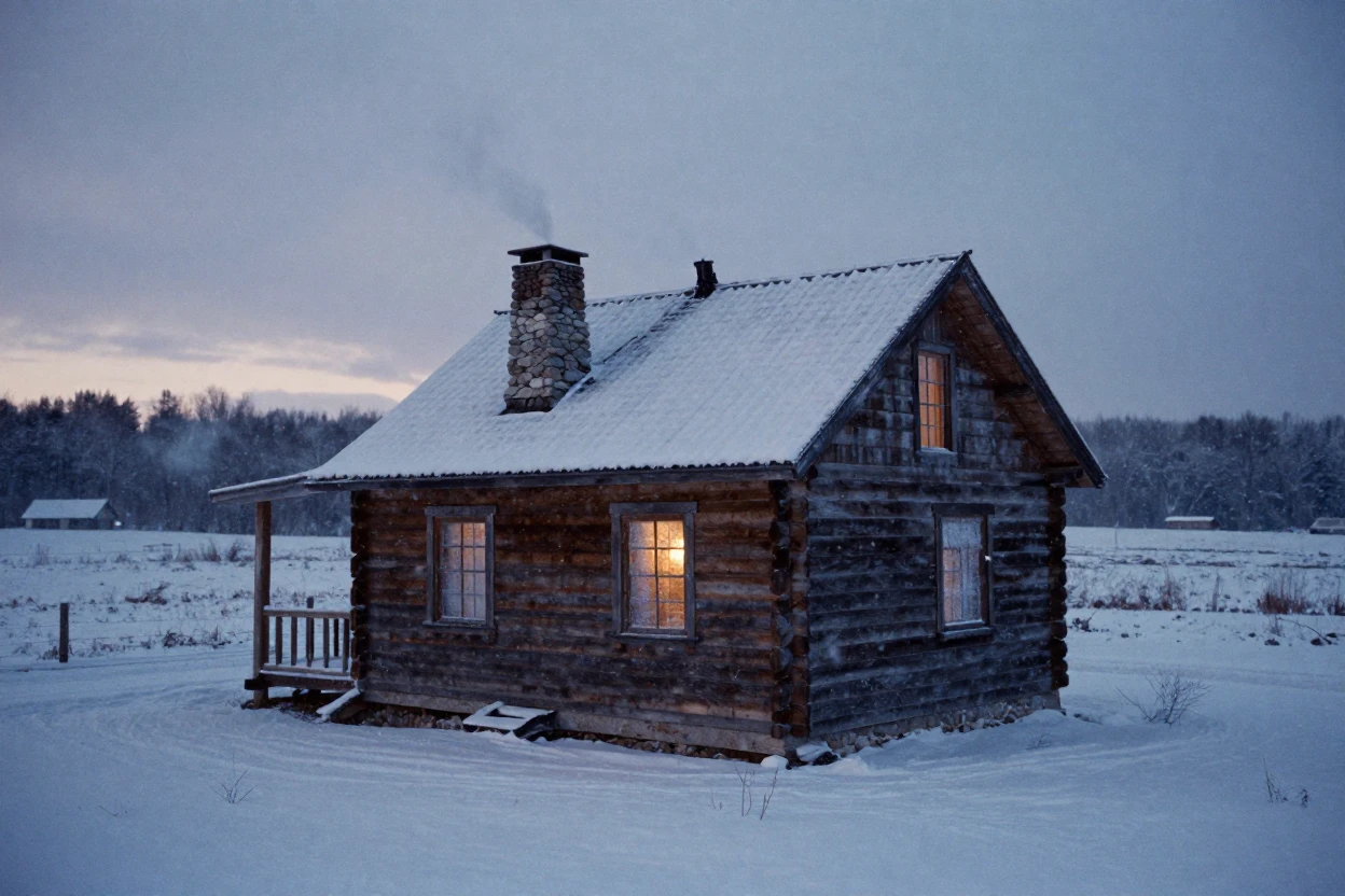 A cozy cabin with smoke curling from its chimney in falling snow, in cool blue twilight, in still, windless air, in winter, in cool blues and silvery greys, from a slightly elevated vantage point.
