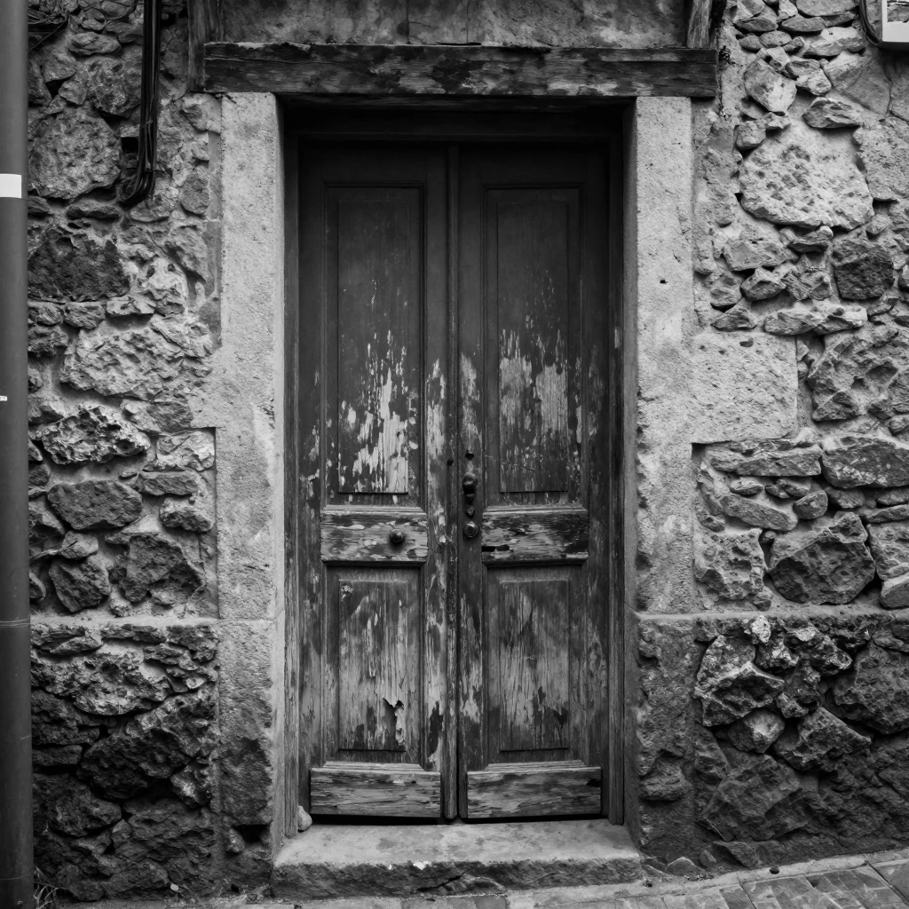 A weathered wooden door shows decades of worn character in a quiet stone alley.