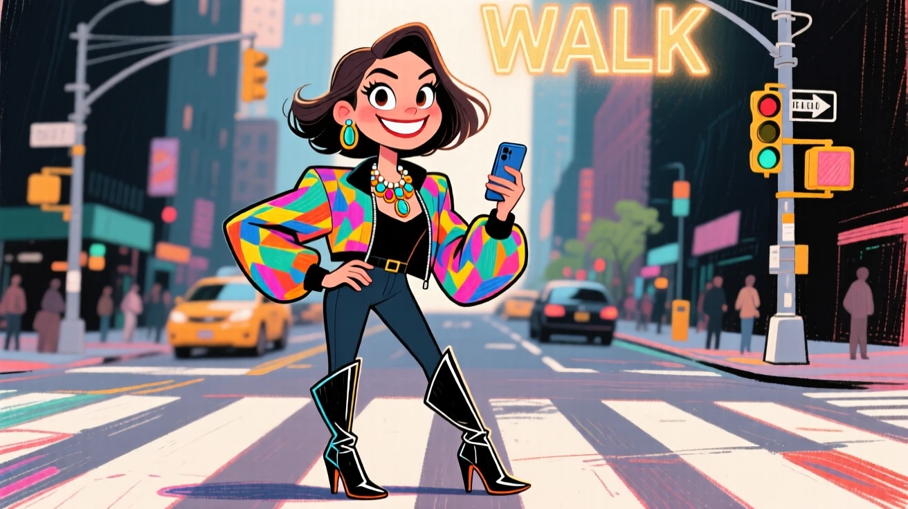 A woman posing confidently in a bold outfit at a city crosswalk.