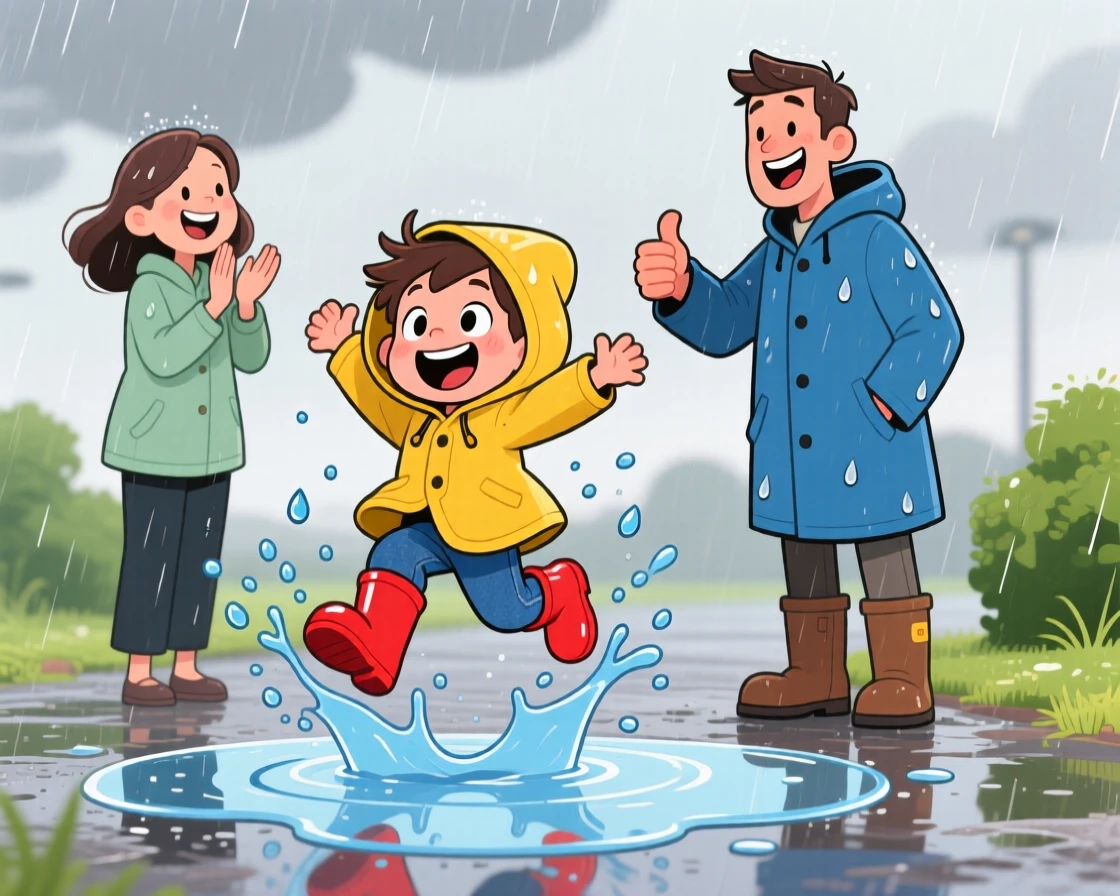 A playful childhood moment of a little boy jumping joyfully into a puddle in rain boots, as parents cheer proudly nearby.