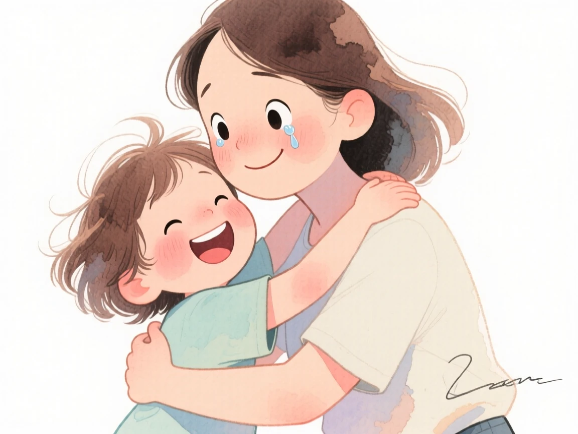 An uplifting, heartwarming moment of a child hugging a parent tightly after a long absence