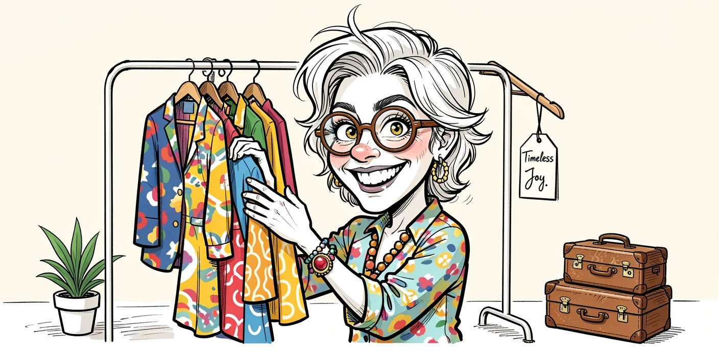 [Trending & Universal Topics] Modern lifestyle scene of a trendy vintage collector organizing a colorful capsule wardrobe, capturing everyday joy