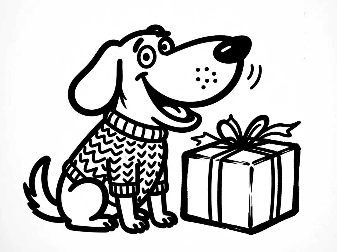 A black lab wearing a knitted holiday sweater, sitting beside a wrapped present twice its size.