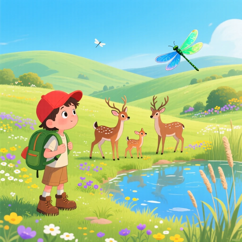 A curious camper pauses while spotting deer at the edge of a clearing in a rolling green valley, while dragonflies dart above the water.