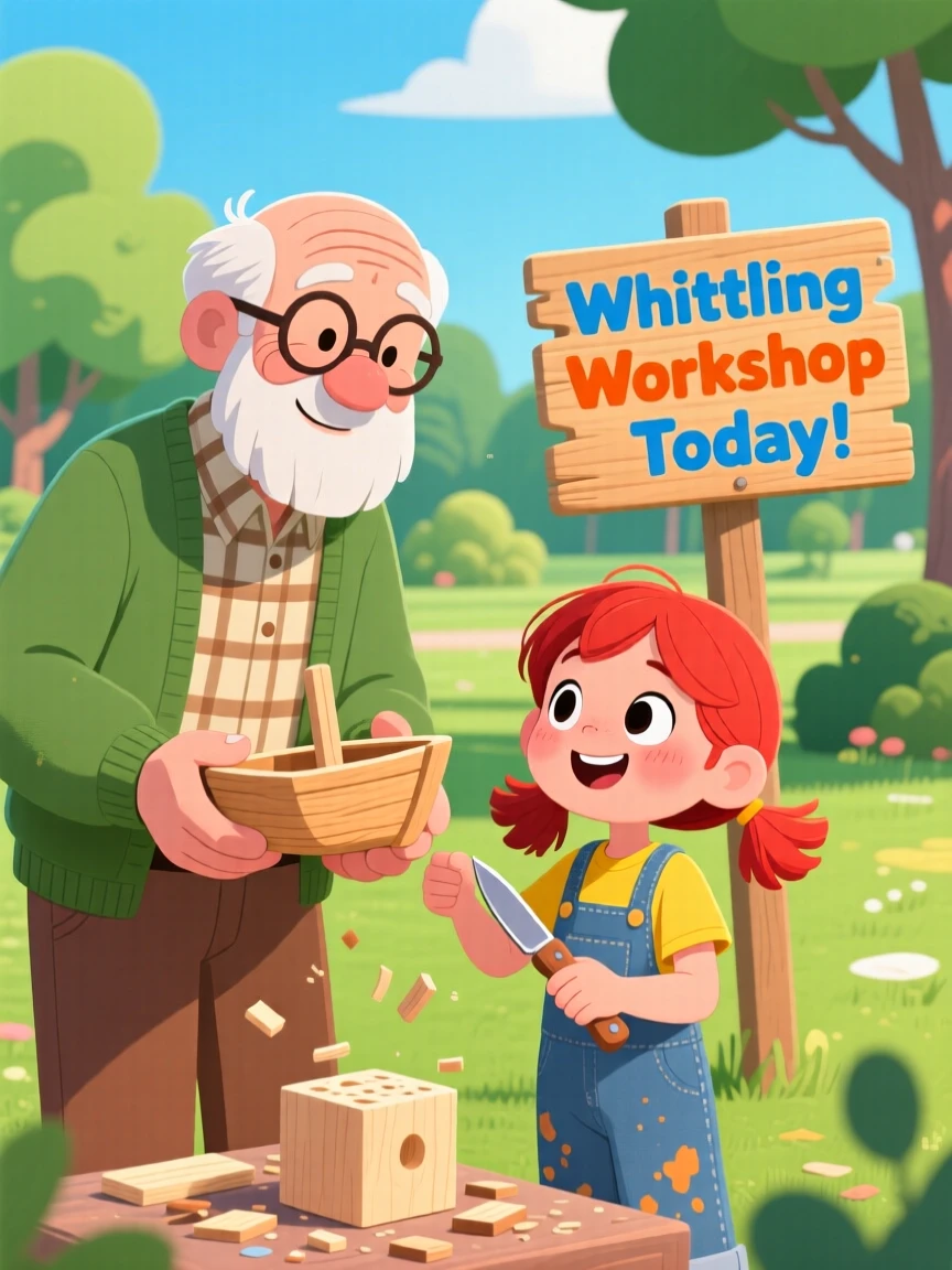 An elderly man teaching his granddaughter to whittle a small boat.