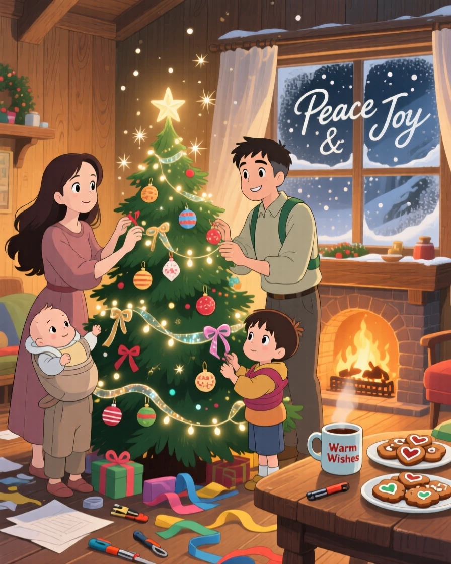 A family decorating a Christmas tree together, the scene glowing with togetherness.