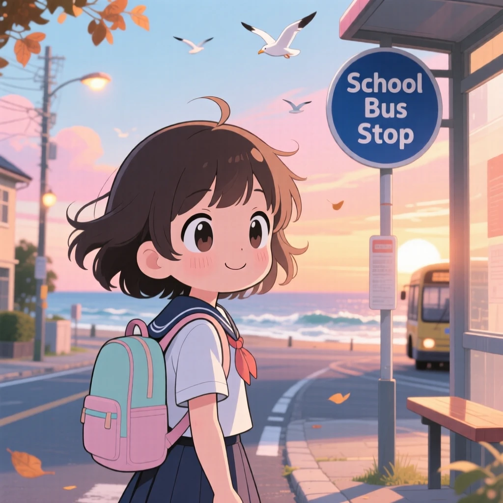 A young girl waiting for the school bus with a backpack in a quiet suburban street at sunrise on a breezy coastal afternoon; warm lamplight washes over the scene as quiet contentment fills the moment. Extreme close-up.