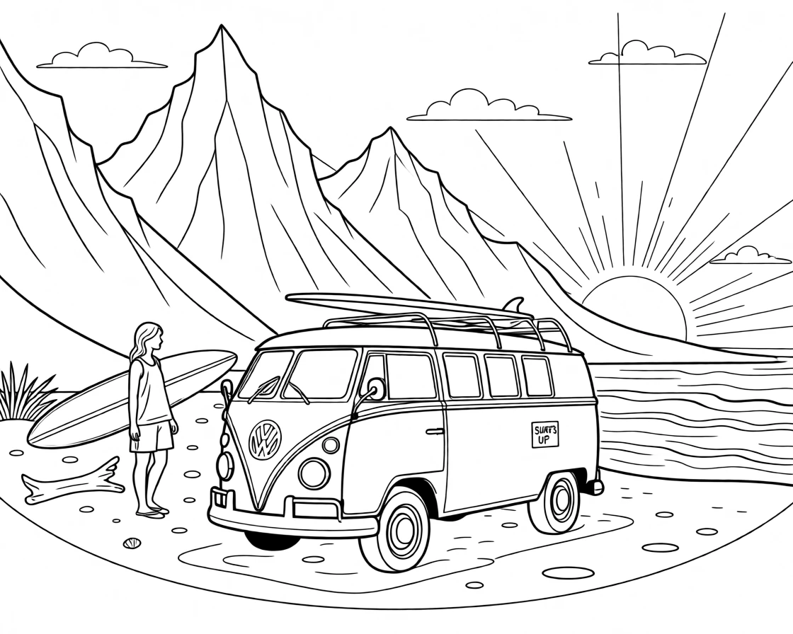 A classic VW van parked near a surf beach at sunset, with mountains rising dramatically in the background.
