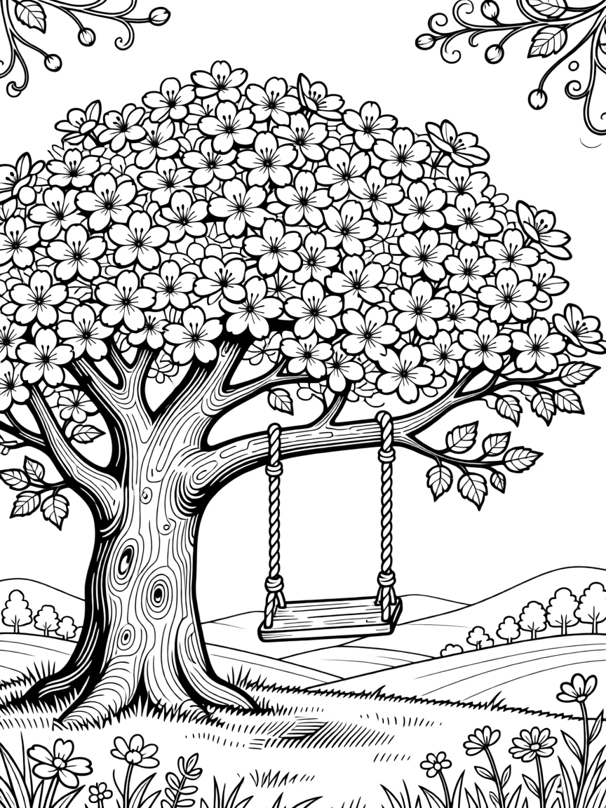 A single tree swing hanging from a branch heavy with blossoms.