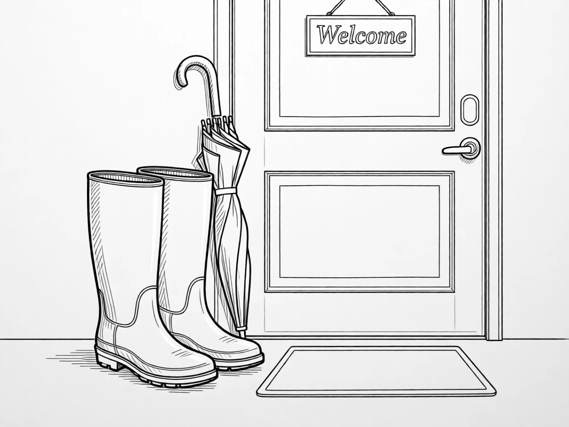 A pair of rain boots and an umbrella by a front door