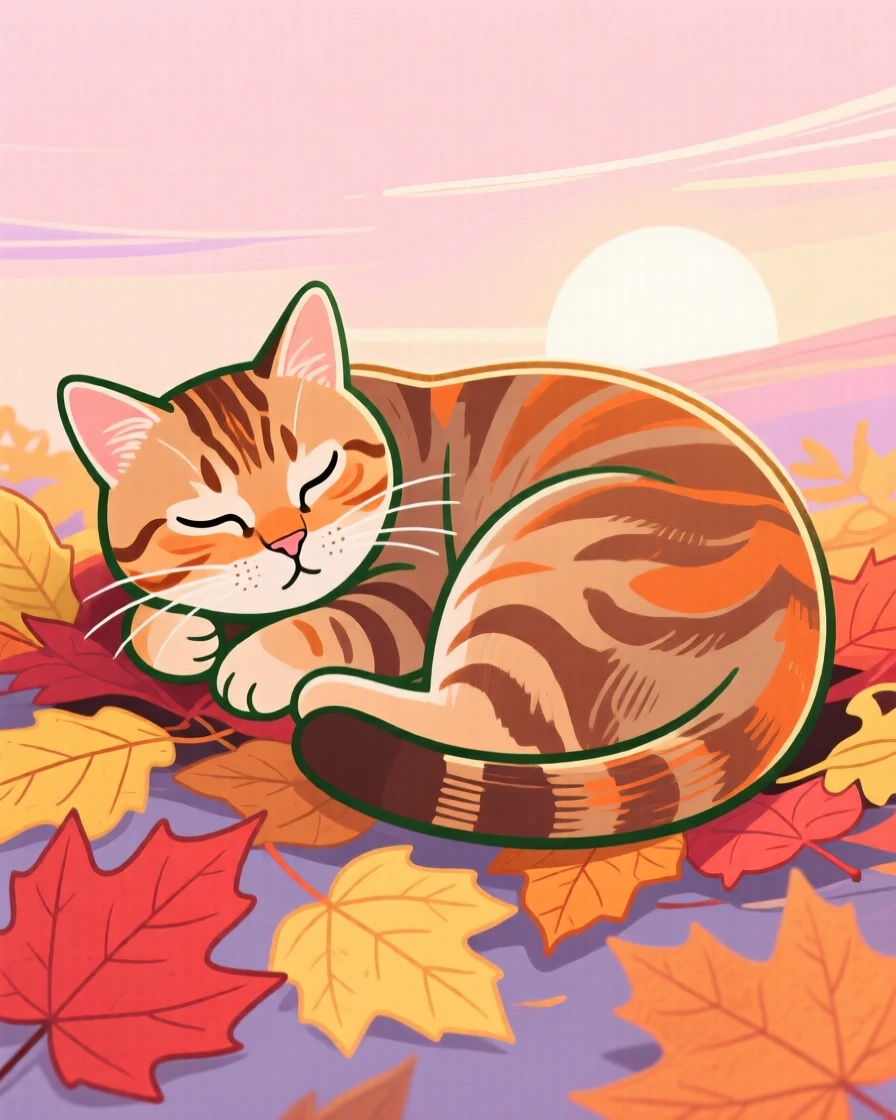 A tabby cat curled up together among autumn leaves at sunrise.
