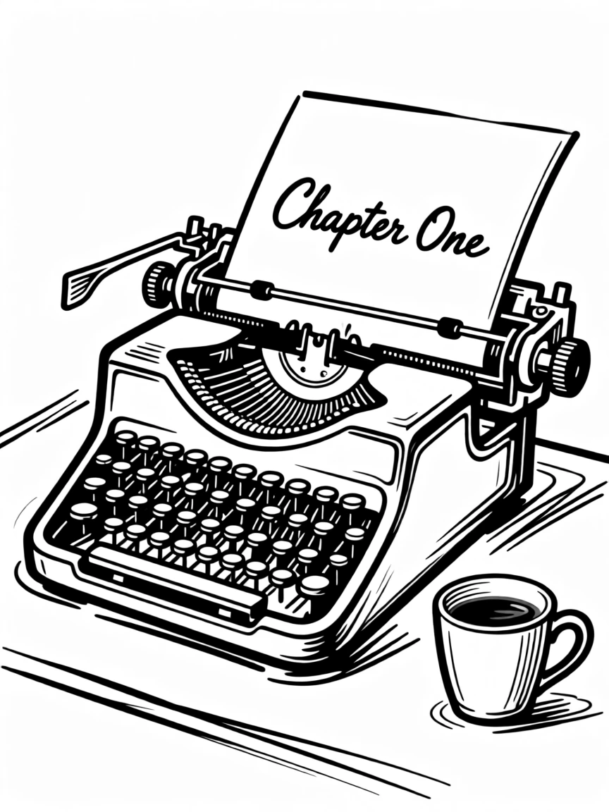 A vintage typewriter with a single sheet reading "Chapter One" beside a cup of coffee.
