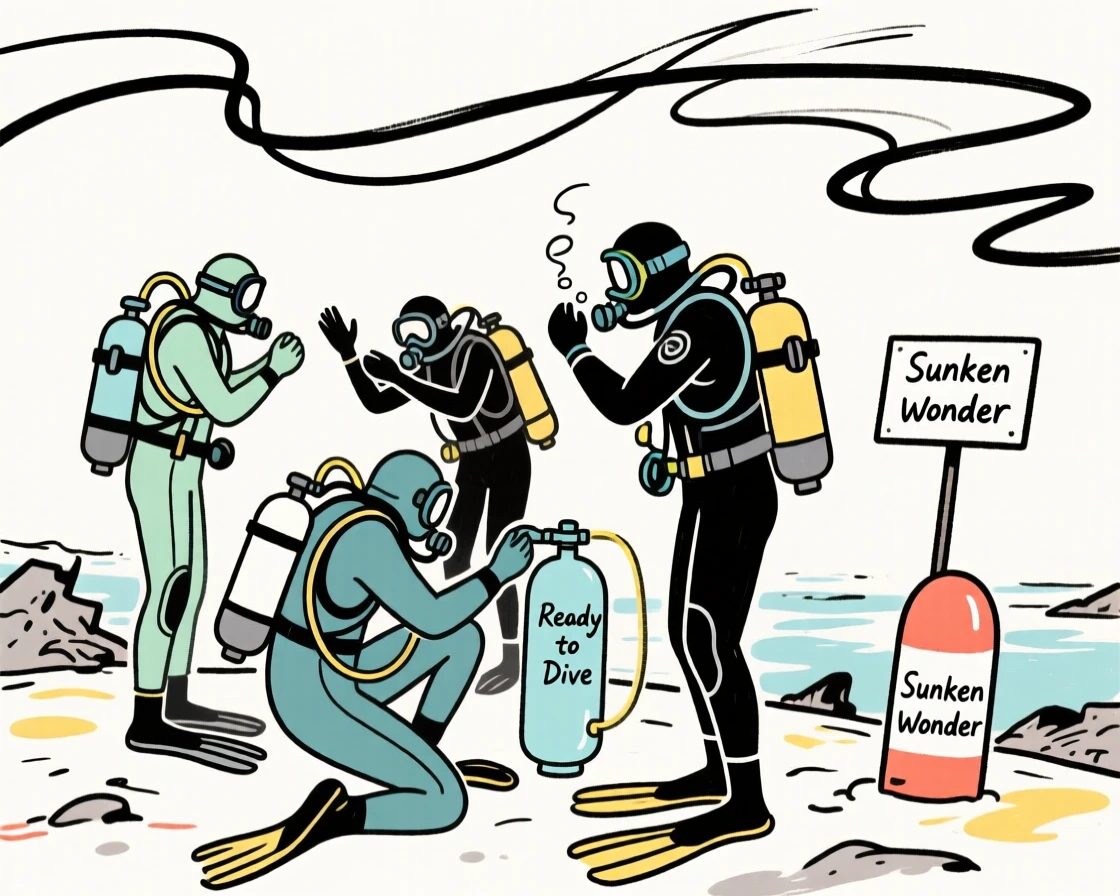 A group of divers preparing to explore a sunken shipwreck.