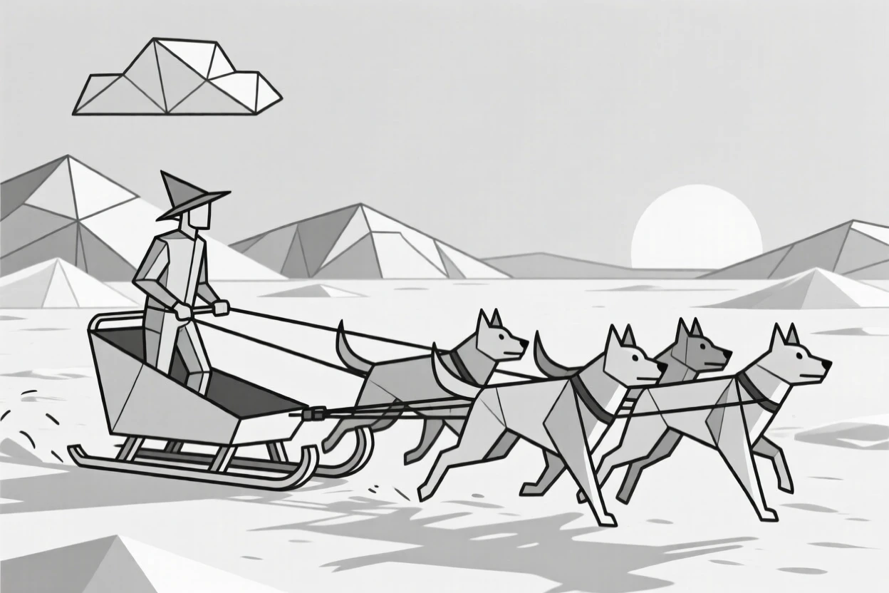 A dog sled team racing across an Arctic landscape