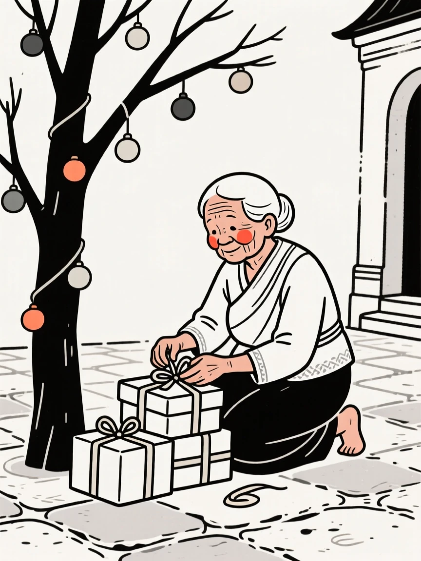 An elderly woman of Thai heritage wrapping gifts by a decorated tree, in an old stone courtyard.