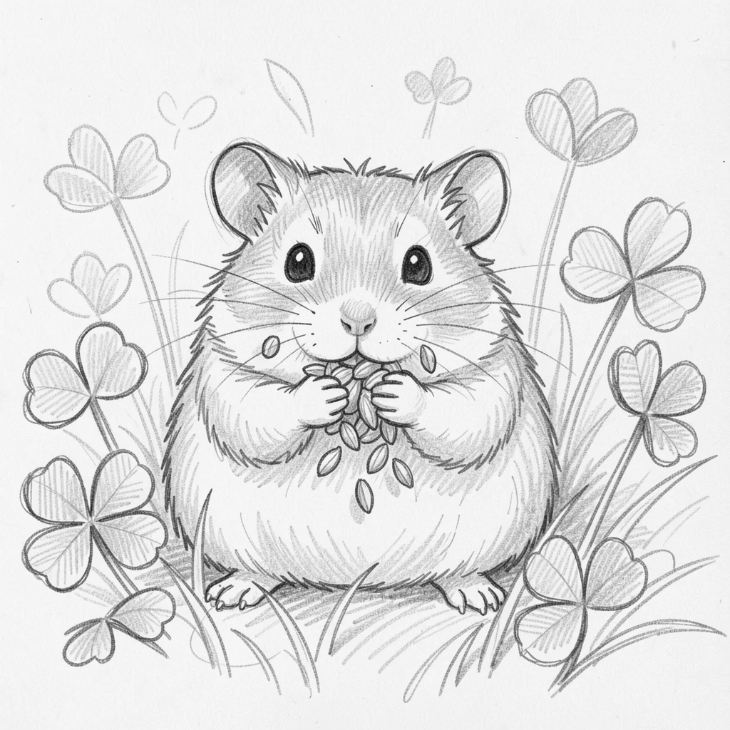 A charming close-up of a tiny hamster stuffing its cheeks with seeds in a field of clover, looking utterly adorable and at ease.