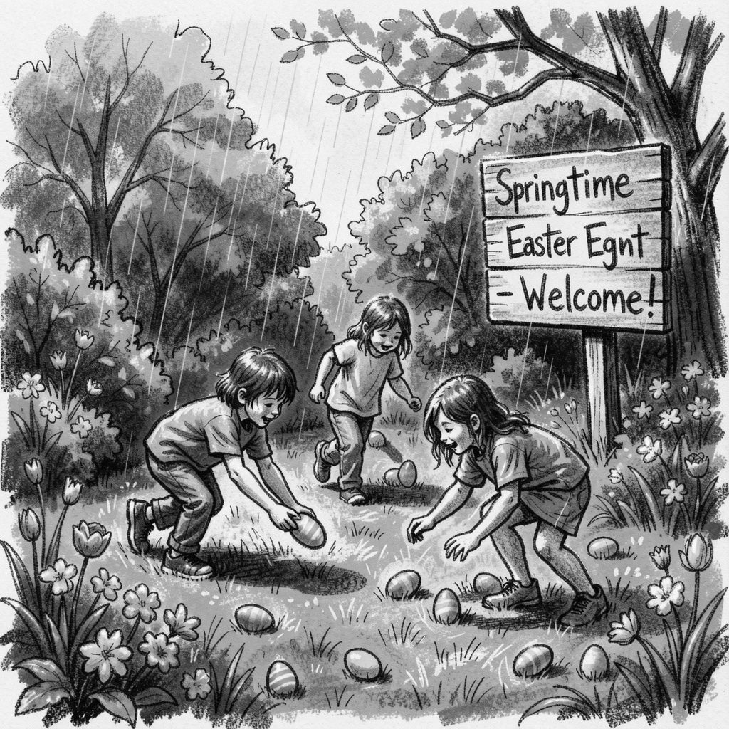 An Easter egg hunt in a sunny spring garden, as gentle rain patters down around them.