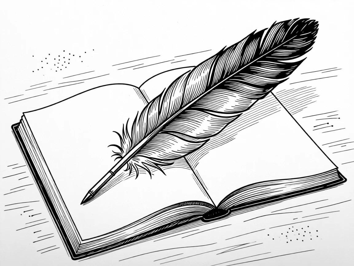 A single feather quill resting beside an open, blank journal page.