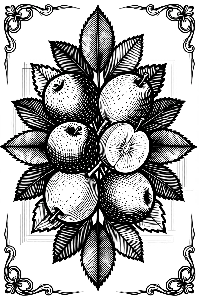 A symmetrical arrangement of seasonal fruits and leaves composed with careful geometric precision, with ornamental flourishes at each corner, forming a classically refined decorative composition.