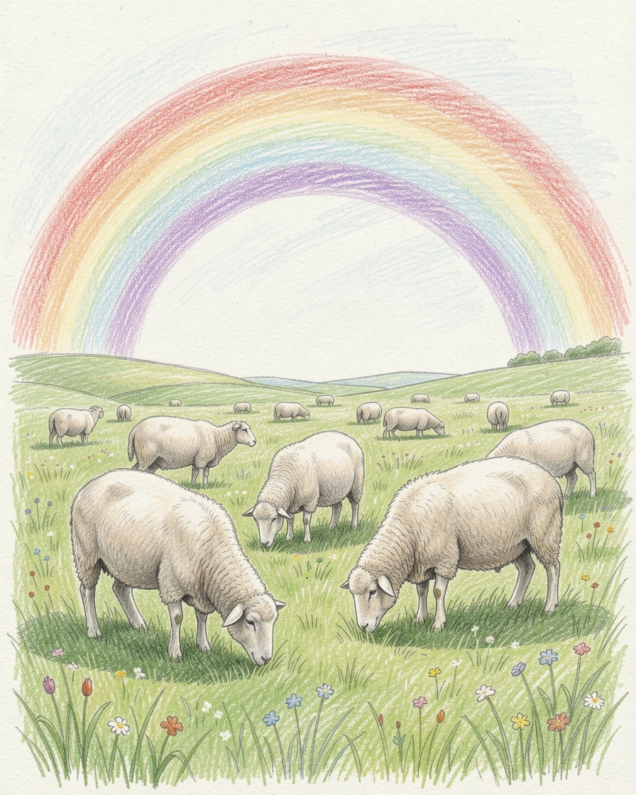 A countryside meadow filled with grazing sheep beneath a rainbow, with delicate details that reward a closer look, capturing a quiet story that lingers with the viewer.