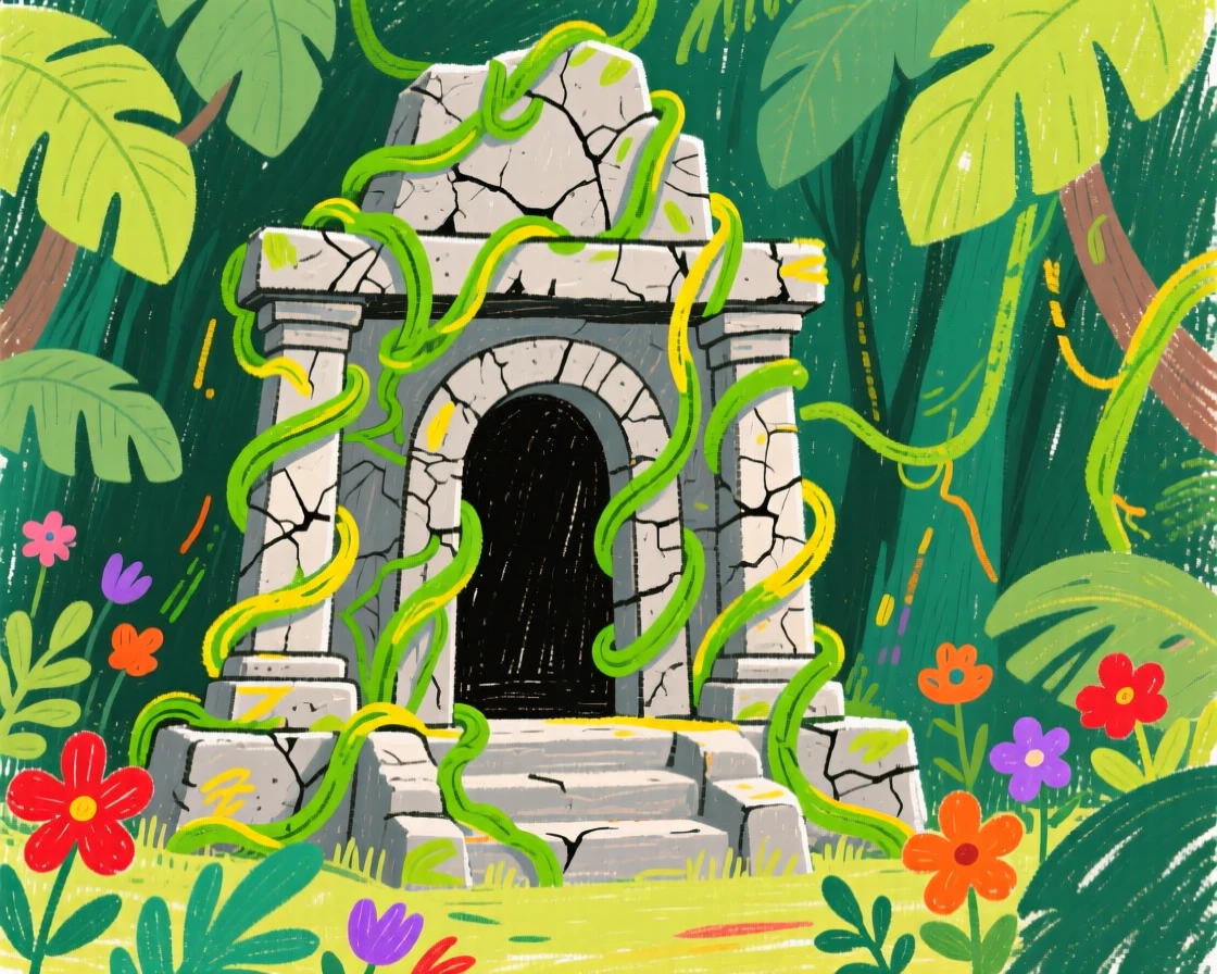 An ancient temple wrapped in tangled jungle vines.