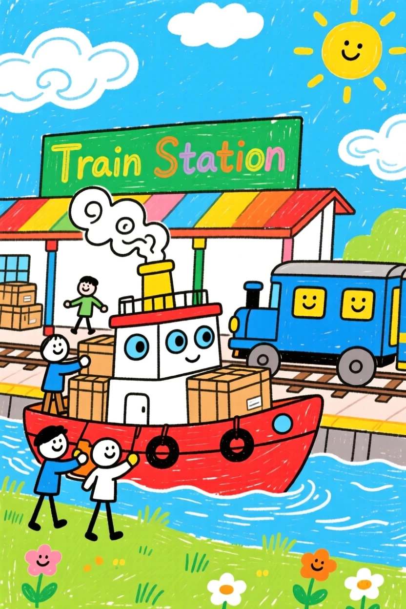 A small tugboat loading up at a bustling train station.
