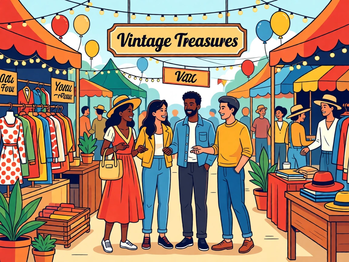 A group of friends browsing a vibrant vintage clothing market, set within a bustling, cheerful marketplace, framed with vibrant colors and lively energy, with a sense of community and connection in every detail.