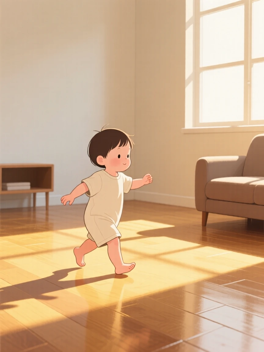 A child taking their first brave steps across a sunlit room.