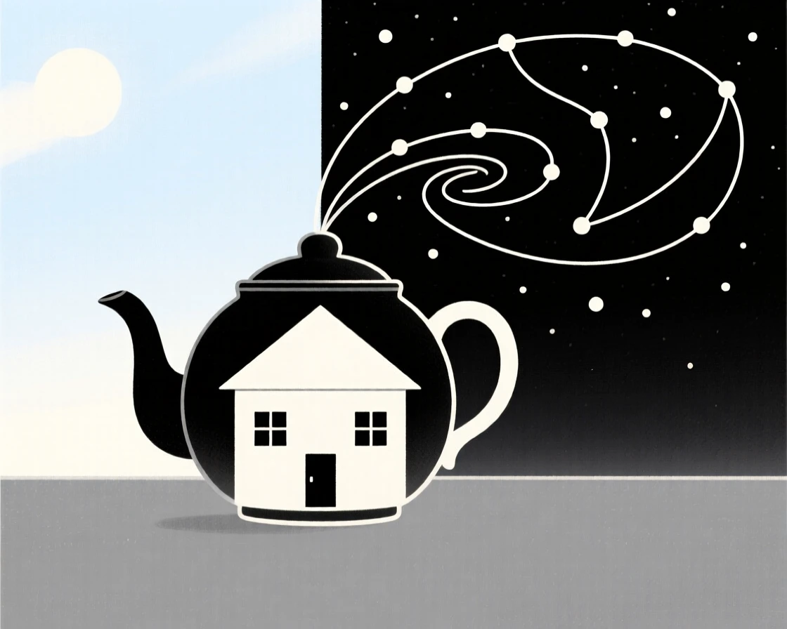 A dreamlike tiny house built inside a teapot rising from a horizon where day meets night, filled with swirling constellations, evoking boundless wonder.