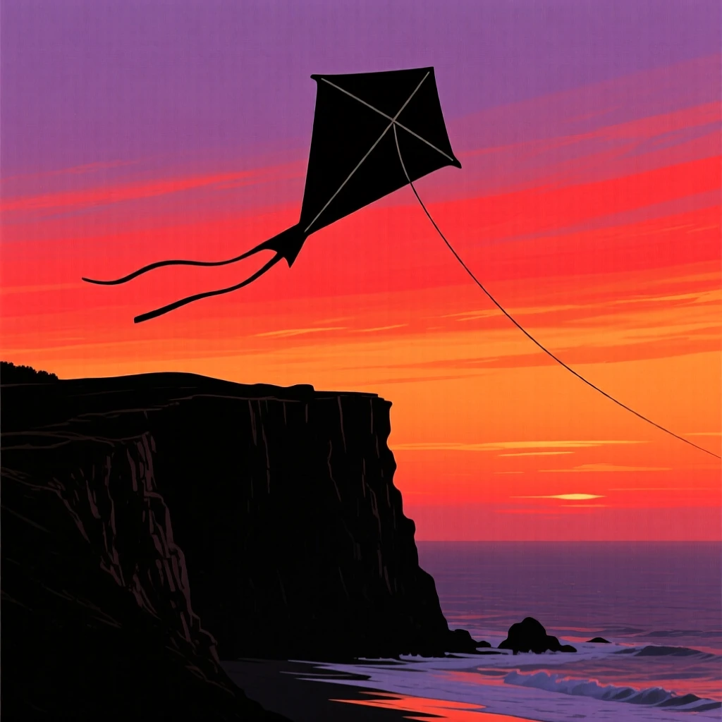 A single kite shaped like a bird soaring high above a coastal cliff.