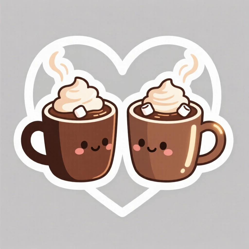 A playfully endearing two mugs of cocoa forming a heart shape when placed together, framed in soft cozy lighting, a simple moment that feels universally loved.